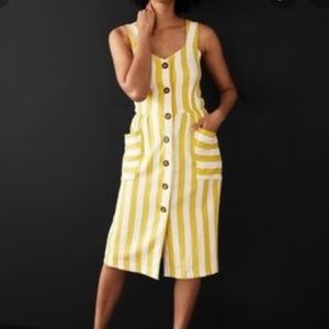 Striped Yellow Midi Button-Front Dress with Patch Pockets